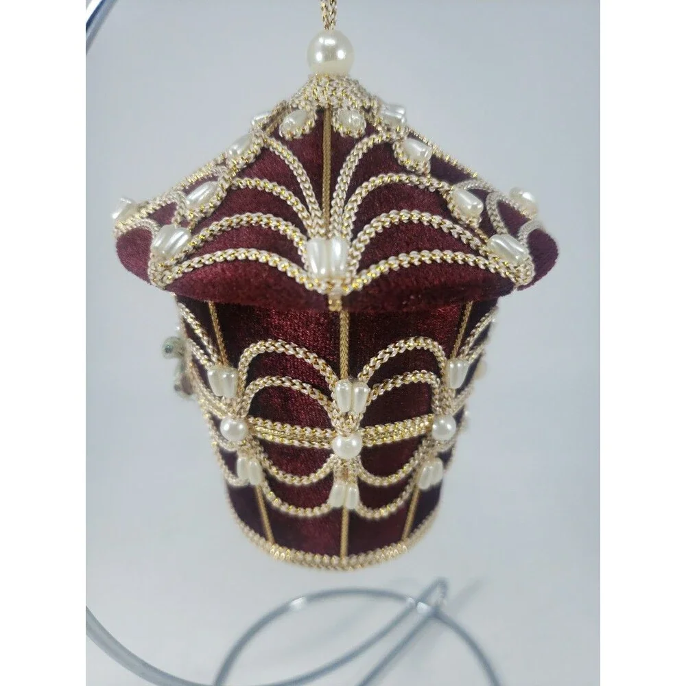 Velvet Beaded Birdhouse Ornament Maroon Christmas Made in Phillipines Excellent